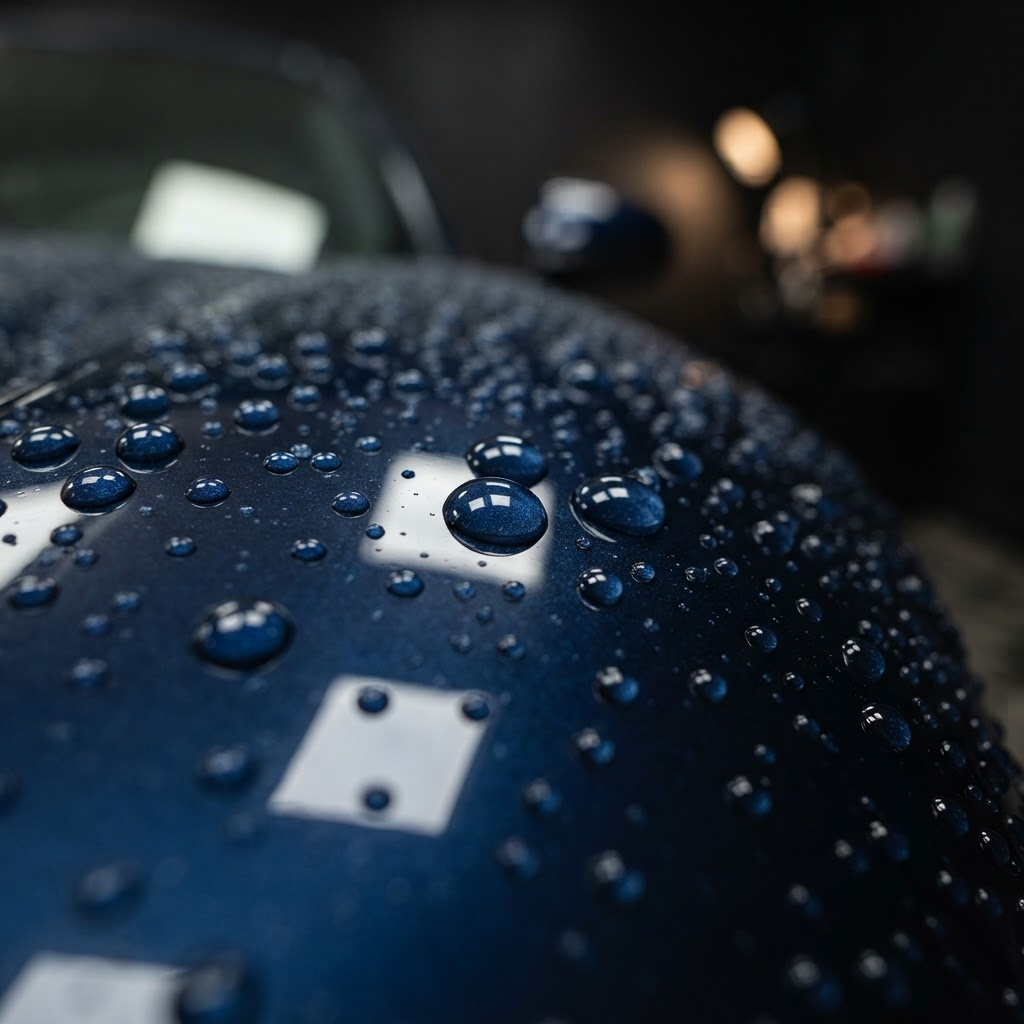 Close-up of water beading on freshly protected paint